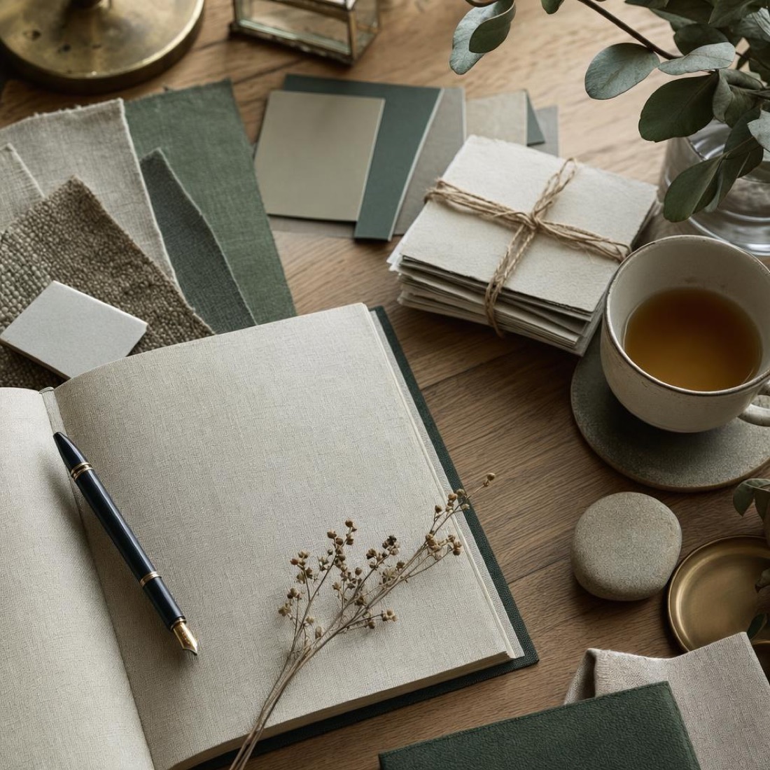 A curation desk with natural fabric swatches, a linen notebook, botanicals and tea