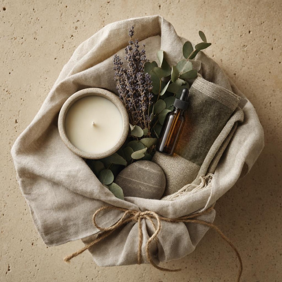 A sustainable luxury gift wrapped in natural linen with a candle, botanical oil and dried florals